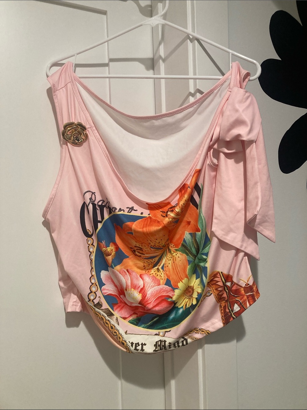 Y2K inspired Pink Floral off Shoulder Camisole with Brooch